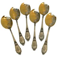 Antique French Sterling Silver 18-Karat Gold Ice Cream Spoons Set of Six Pieces Ferrure