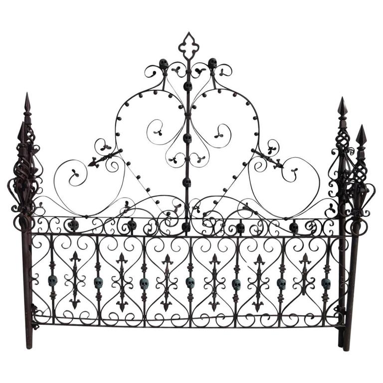 Custom Made Gothic Iron Bed with Bronze Skulls at 1stDibs