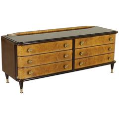 Chest of Drawers Burl Rosewood Veneer Glass Brass Vintage, Italy, 1940s-1950s