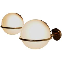 Two Wall Lamps by Gino Sarfatti for Arteluce Chromed Metal Opaline Glass, 1960s