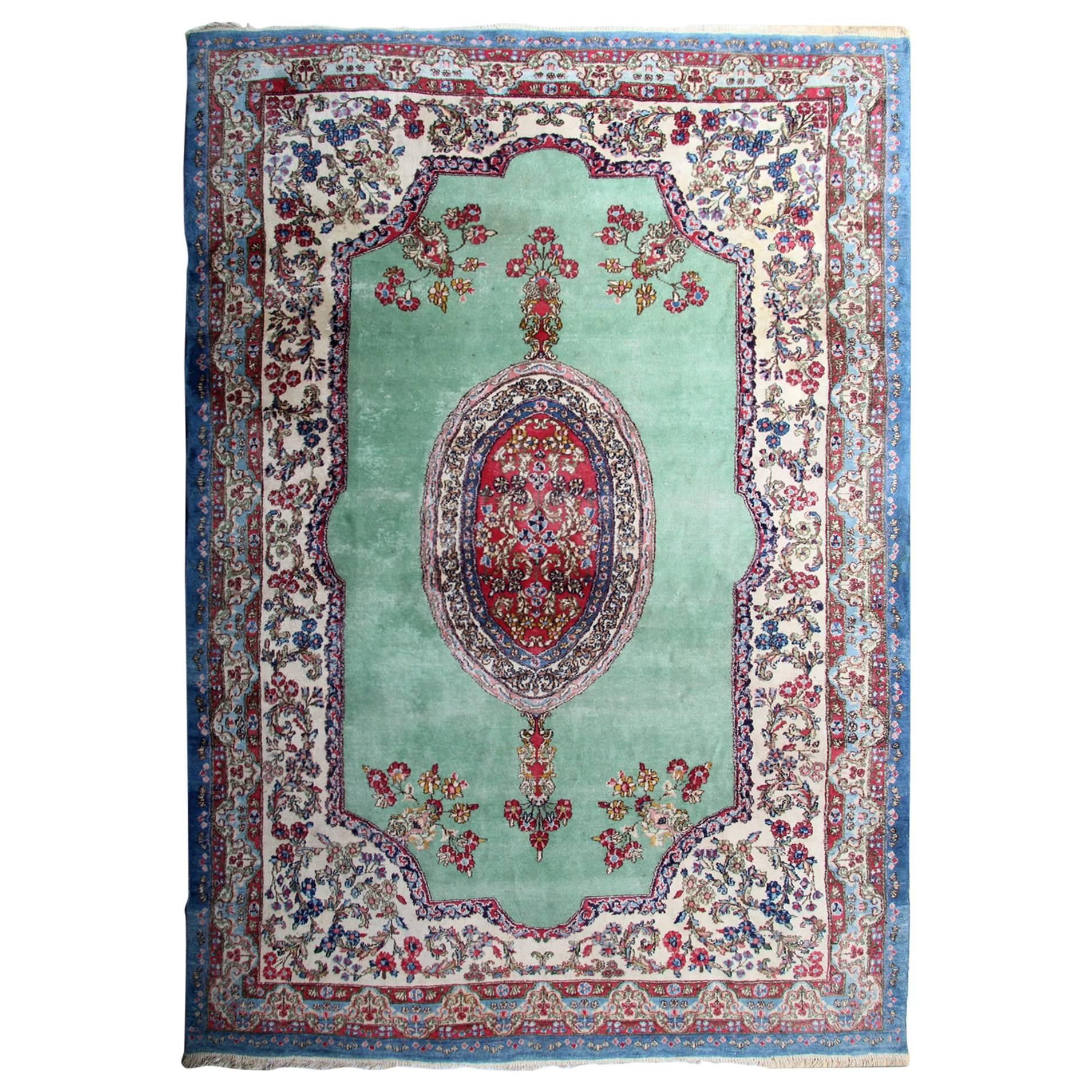 Vintage Persian Kirman Rugs with Turquoise Blue