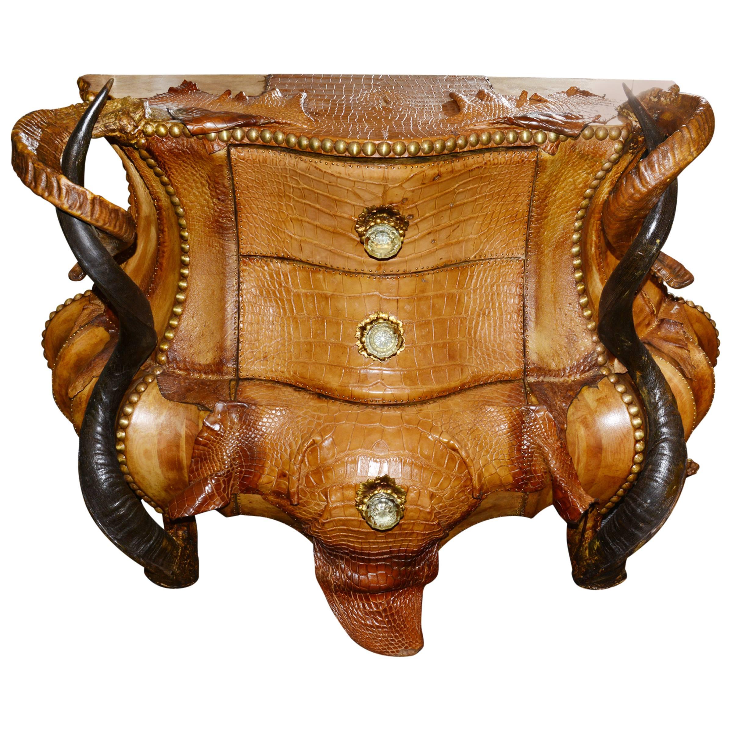 Horns and Crocodile Chest of Drawers with Kudu Horns For Sale