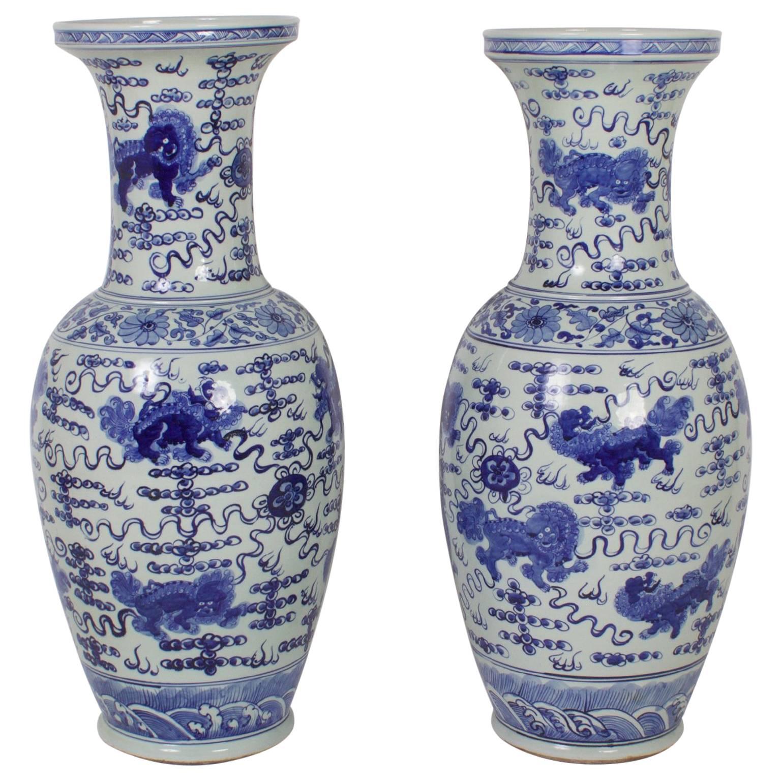 Impressive Pair of Chinese Blue and White Porcelain Palace Vases