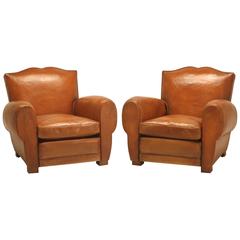 French Art Deco Moustache Back Leather Club Chairs with one ottoman