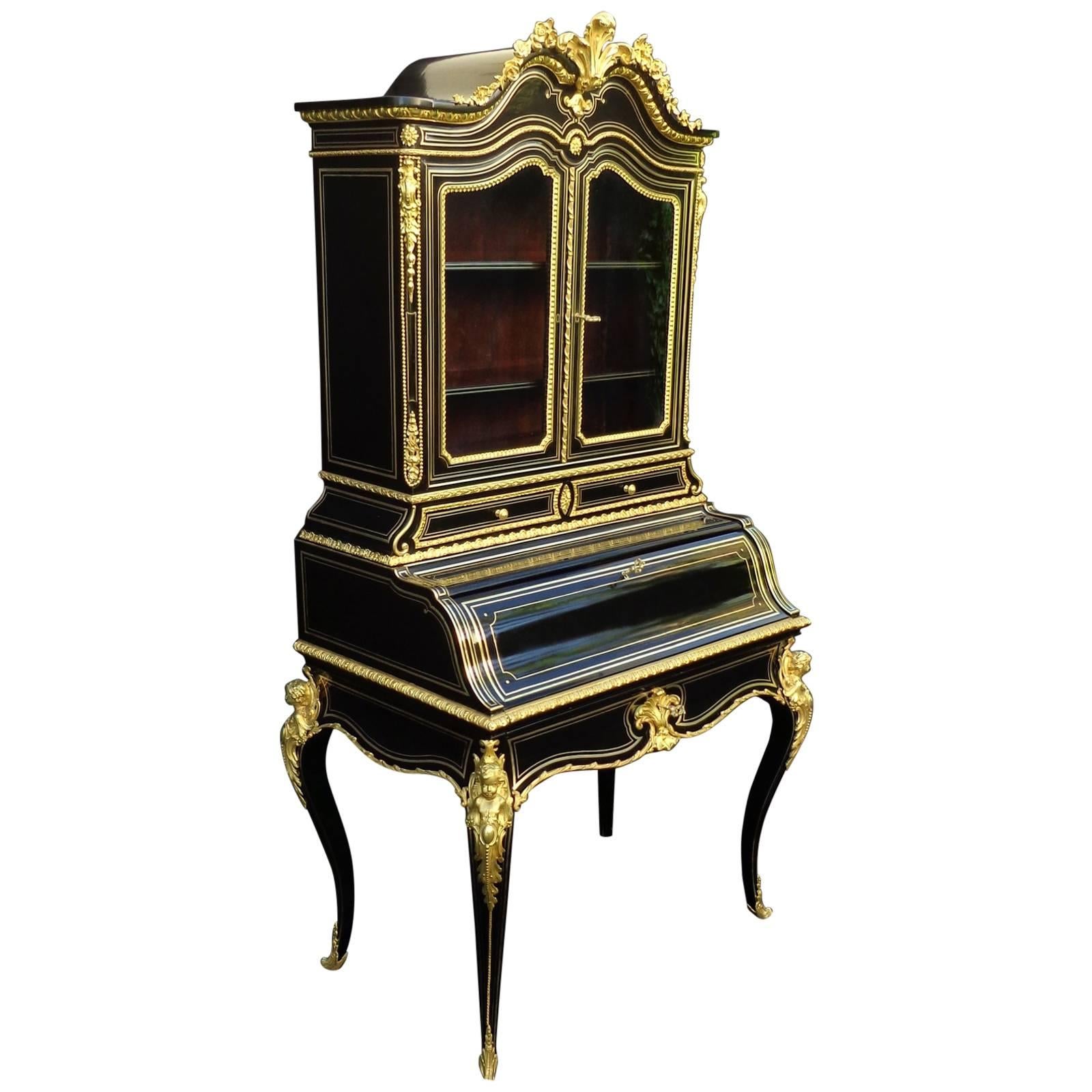 Wonderful Bookcase Desk Richly Bronzed in Brass Marquetry Napoleon 3 Period 19th