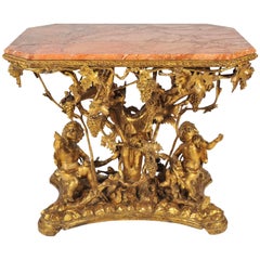 19th Century Italian Gilt Wine Table, Pink Marble Top, Putti, Vines and Grapes