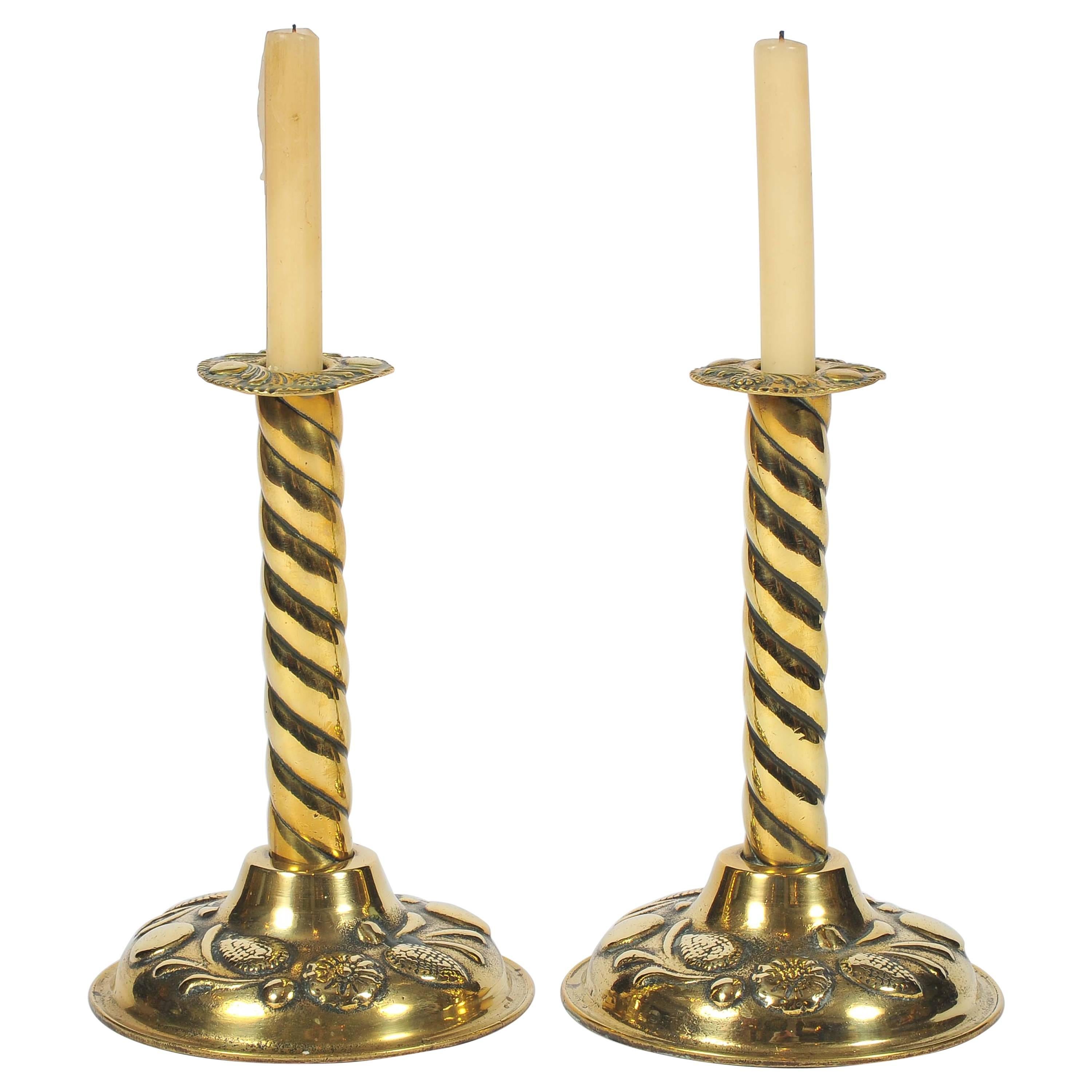 Brass Candlesticks, 19th Century, Twisted Stems and Decorative Rims and Bases For Sale