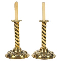 Antique Brass Candlesticks, 19th Century, Twisted Stems and Decorative Rims and Bases