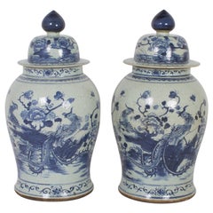 Pair of Blue and White Chinese Export Style Porcelain Jars