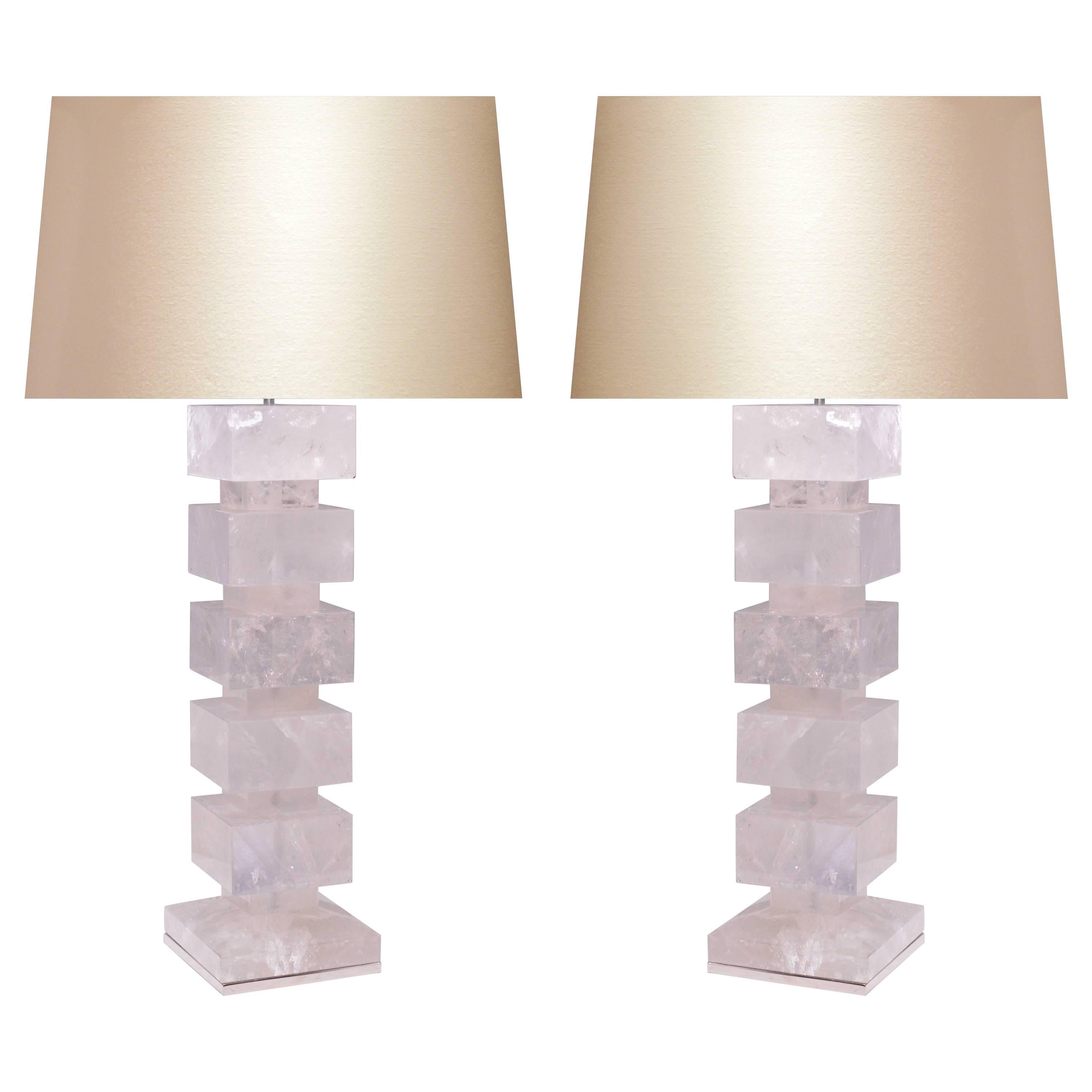 Large Pair of Block Form Rock Crystal Quartz Lamps