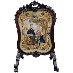 Late 1800s European Victorian Mahogany Screen, Hand-Painted Faces