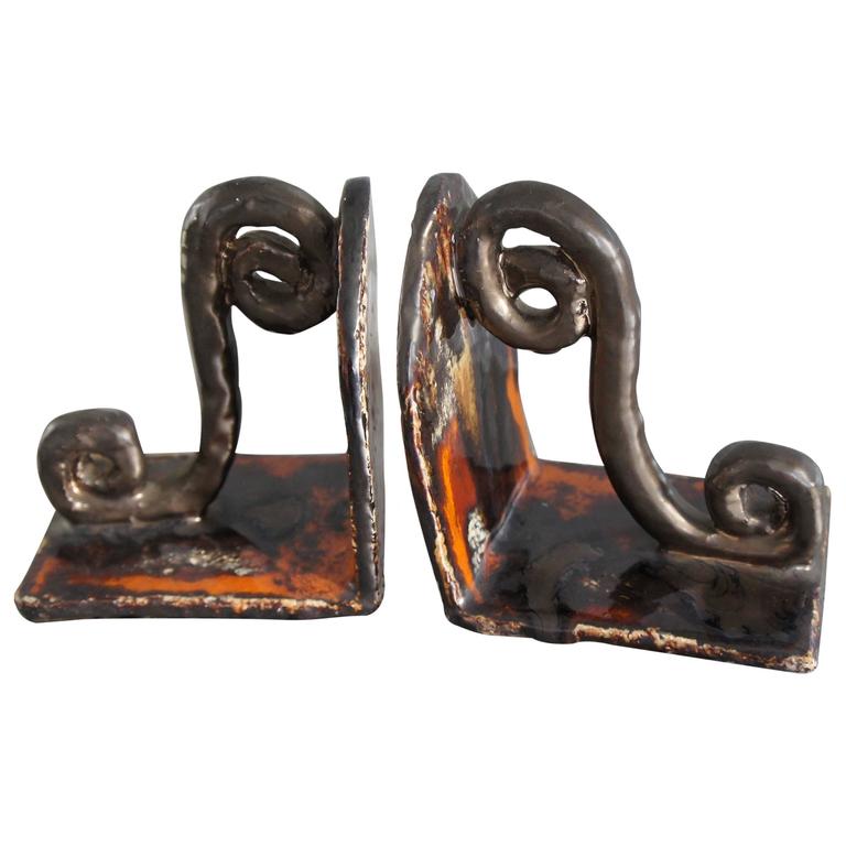Vintage Design Studio Pottery Glazed Ceramic Bookends, Unique Pair For Sale at 1stdibs