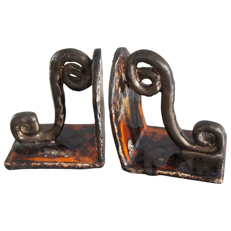 Vintage Design Studio Pottery Glazed Ceramic Bookends, Unique Pair at