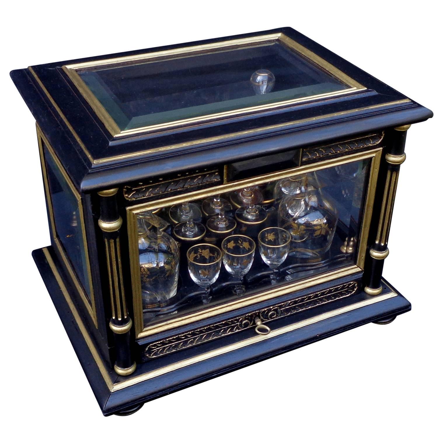 Tantalus Liquor Box with Glasses in Black and Gold, 19th Century, Napoleon III