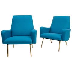 Pair of Gerard Guermonprez Armchairs Blue Fabric, France, circa 1950