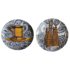 Vintage Fornasetti Black and White Stoviglie Marbleized Plates with Gilt Designs
