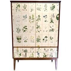 Vintage Tall Wooden Cabinet with Nordens Flora Illustrations by C.A. Lindman