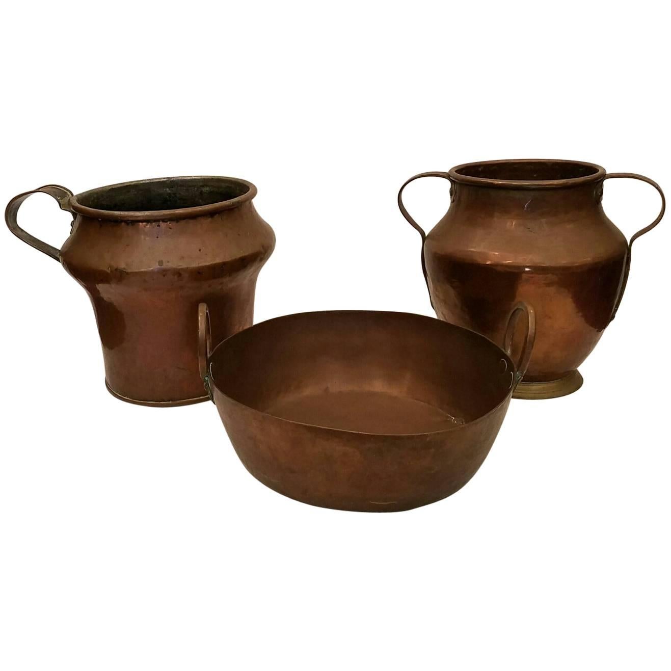 Three Large Antique Copper Pots For Sale