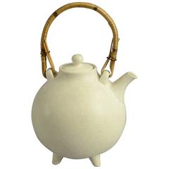 Stoneware Teapot with Wicker Handle by Gunnar Nylund for Rörstrand