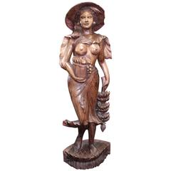 Large Carved Wood Japanese Fruit Seller Figure Sculpture