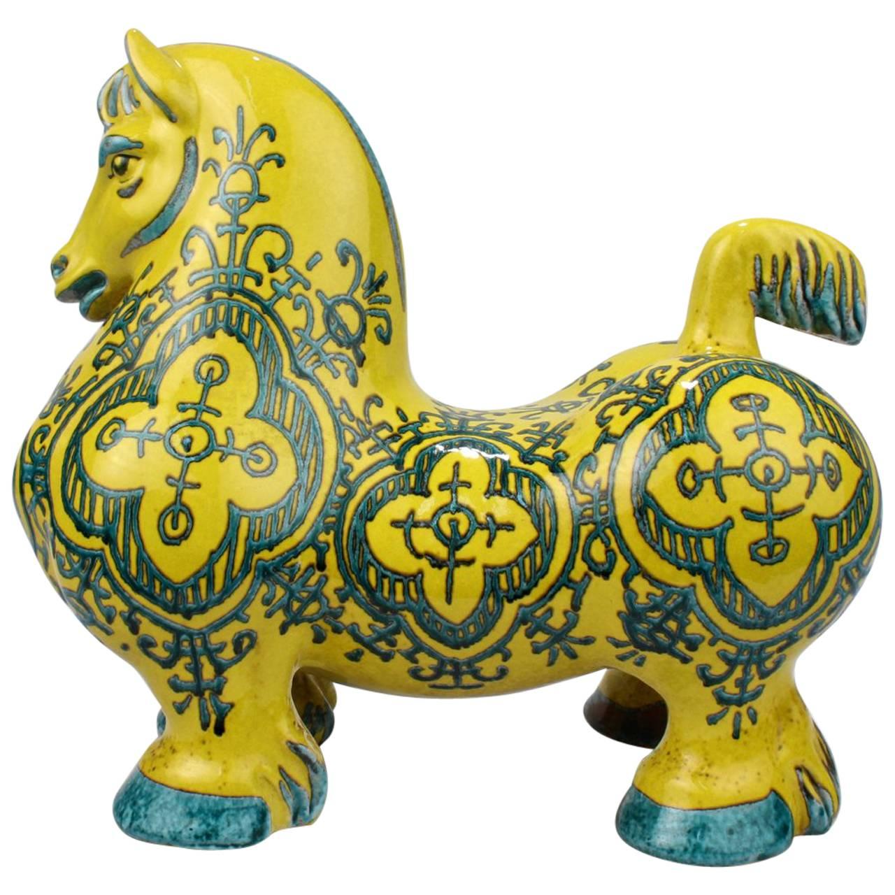 Mid-Century Modern Italian Pottery Yellow Horse Sculpture by Mancioli for Raymor