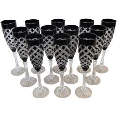 Set of 12 Black Amethyst Cut-Glass Champagne Flutes