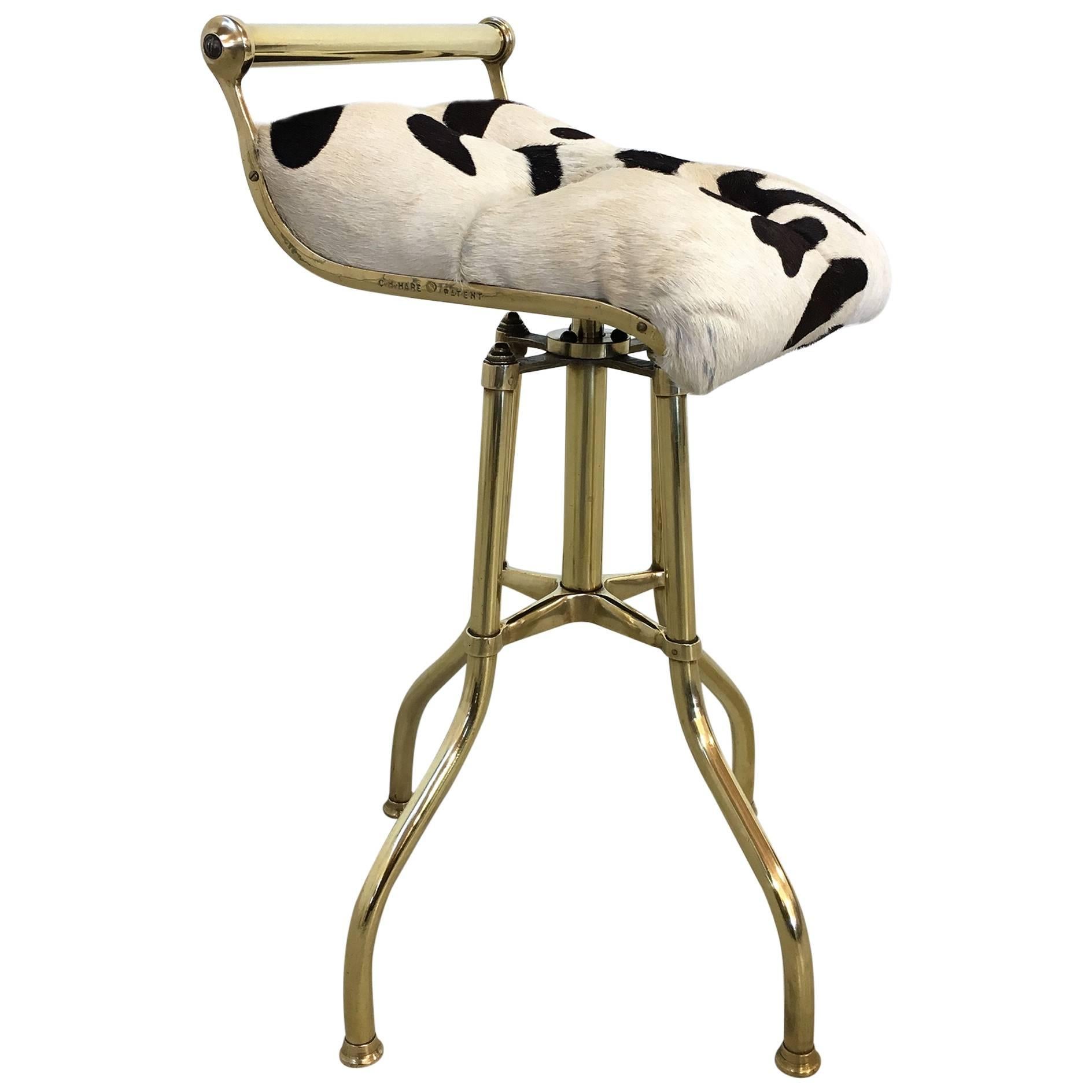 Adjustable English Brass and Tufted Leather Hide Stool