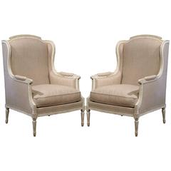Pair of 19th Century French Louis XVI Carved Painted Armchairs with Shaped Ears