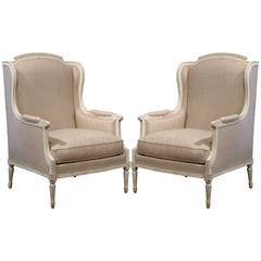 Pair of 19th Century French Louis XVI Carved Painted Armchairs with Shaped Ears