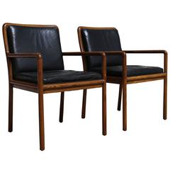 Pair of Oak and Leather Armchairs by Ward Bennet