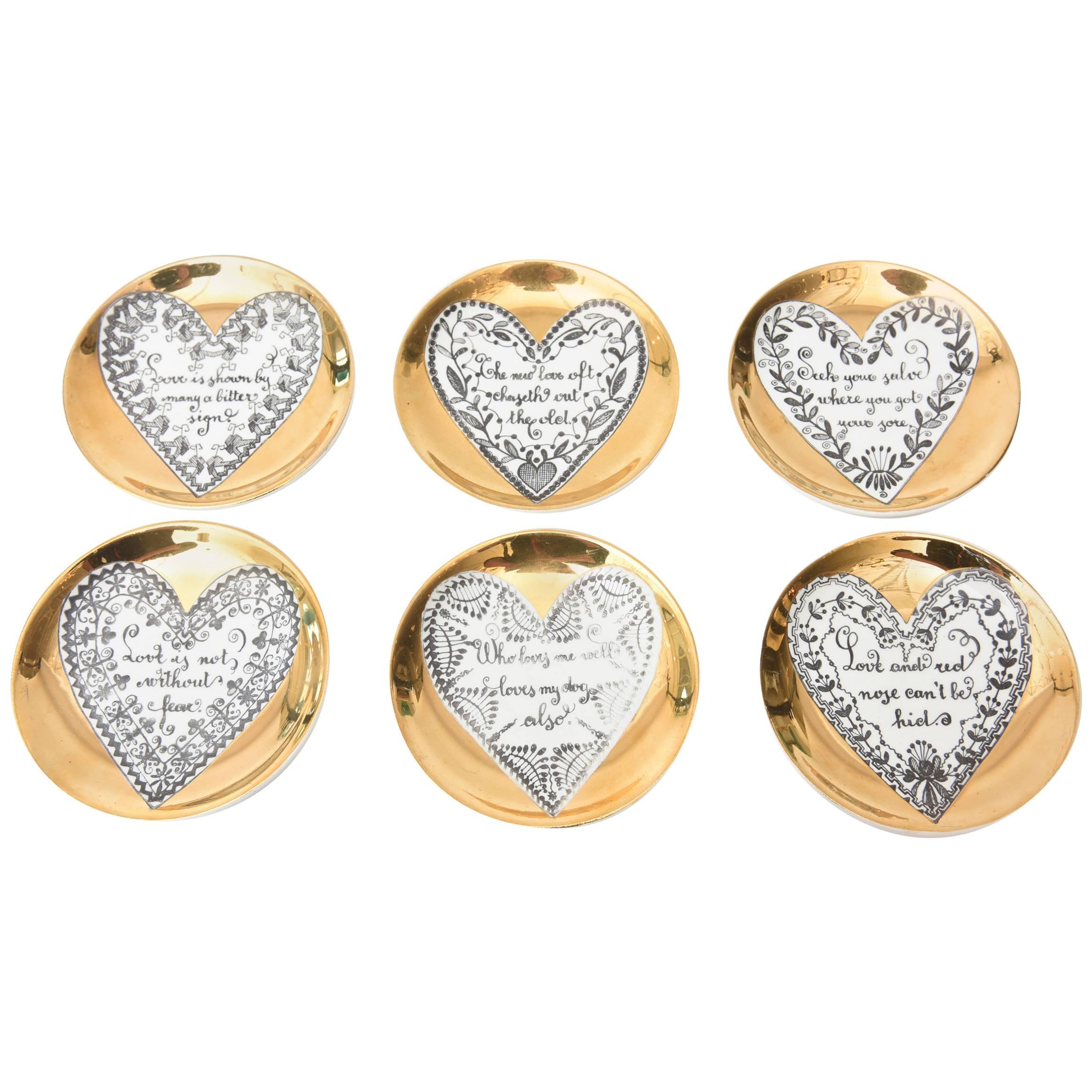  Six Italian Piero Fornasetti Gilded Porcelain Love Heart Coasters/Barware 