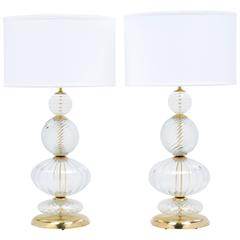 Important Pair of Murano Glass and Brass Lamps by Venini