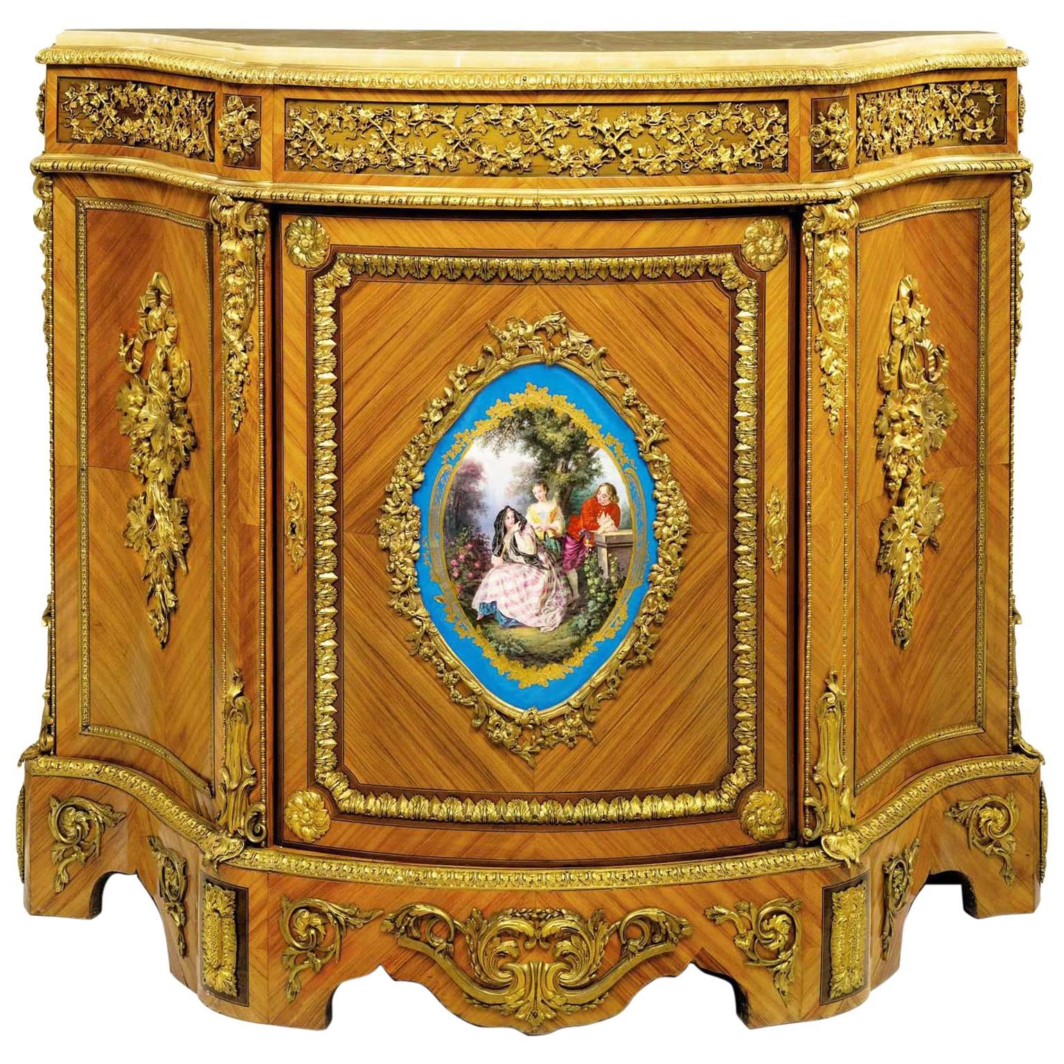 French Louis XVI Style Ormolu and S�èvres Style Porcelain Mounted Meuble d'Appui 