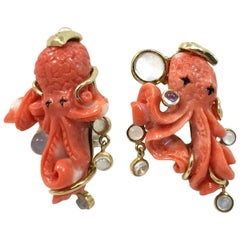 Pair of 18-Karat Marilyn Cooperman Coral Octopus Earrings