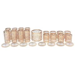 Used 25 Piece Collection of Gold-Plated over Glass Shoji Screen/Greek Key Barware