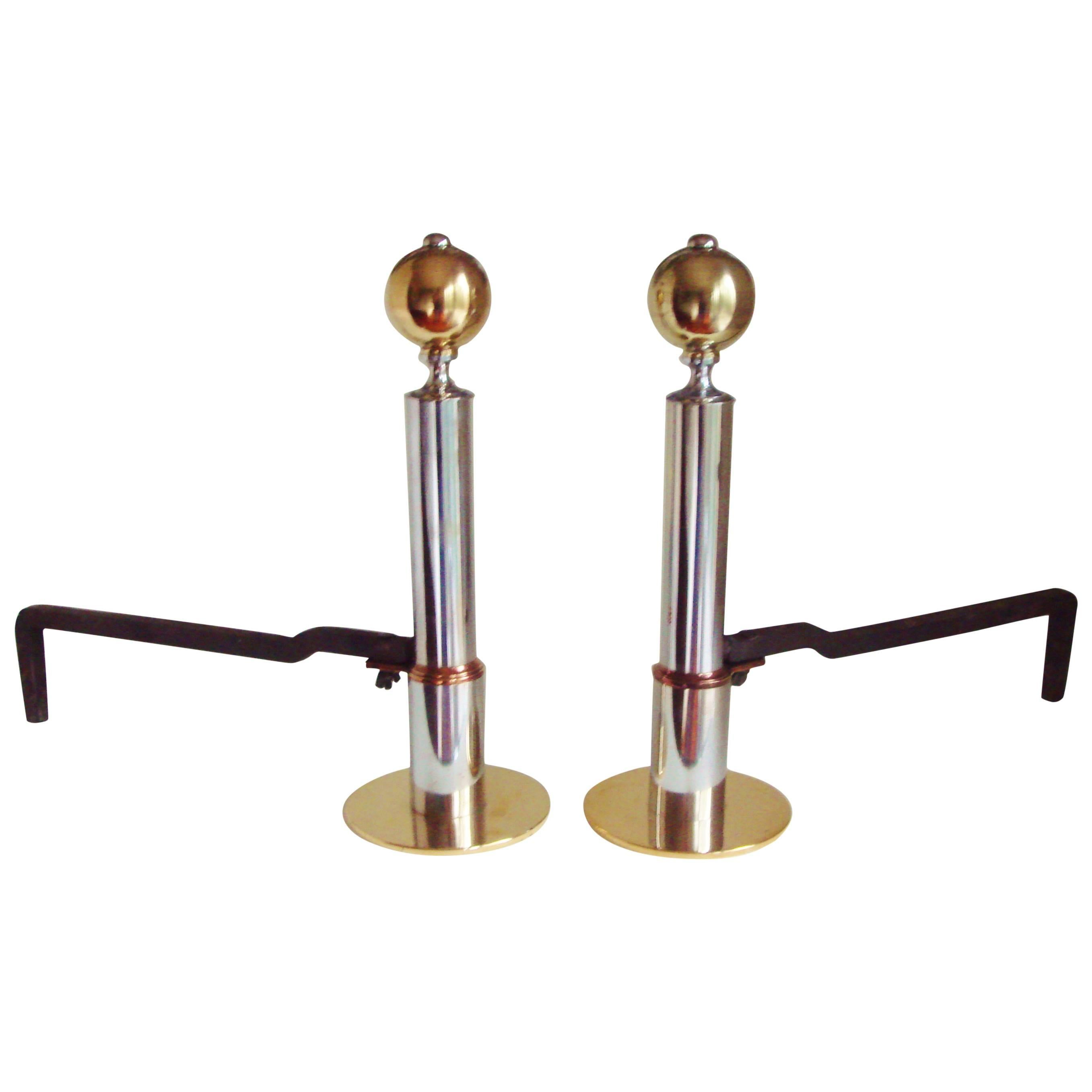 Pair of American Art Deco Andirons in Brass, Copper, Chrome and Iron. 
