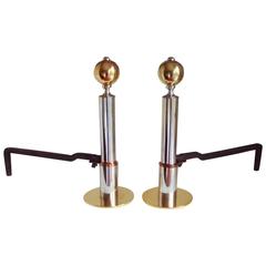 Pair of American Art Deco Andirons in Brass, Copper, Chrome and Iron. 