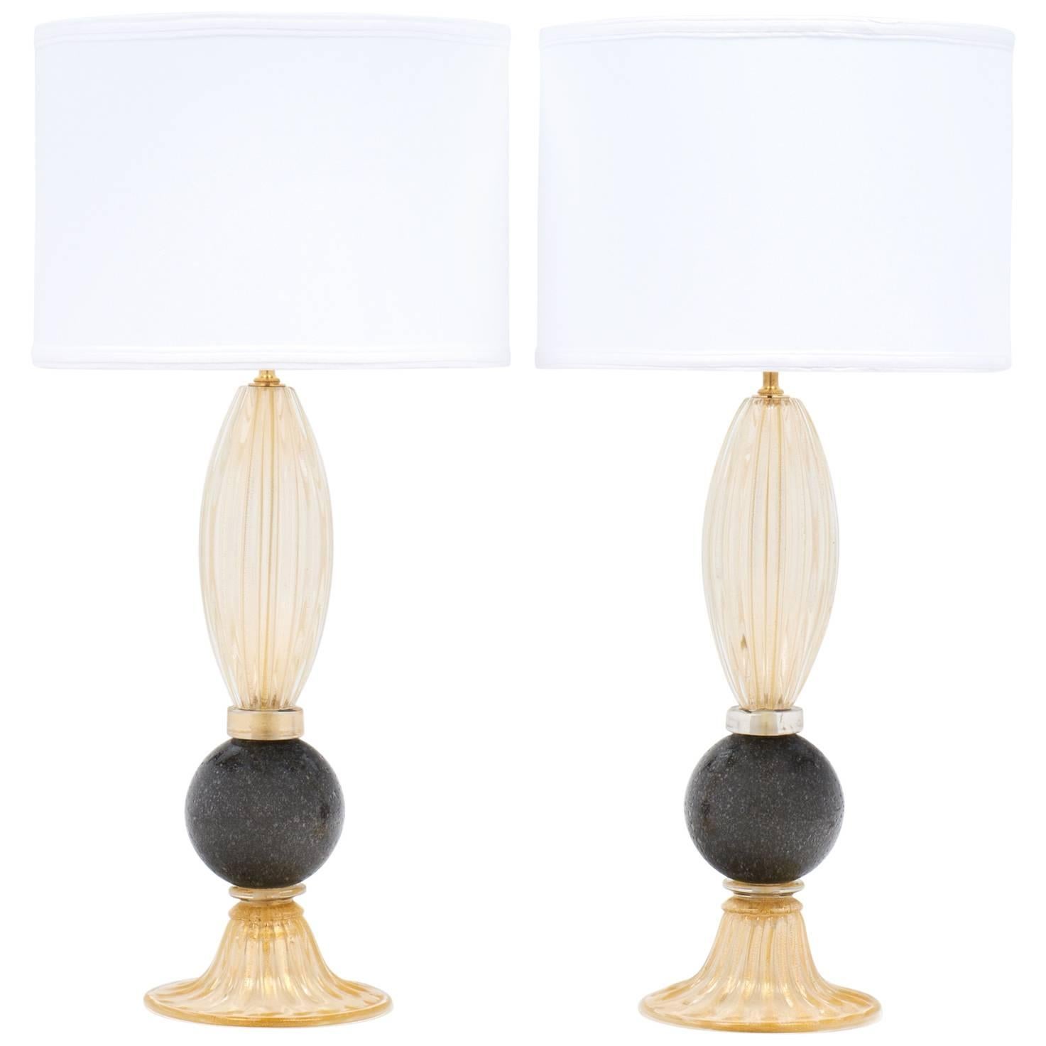 Pair of Gold and Gray Murano Glass Table Lamps