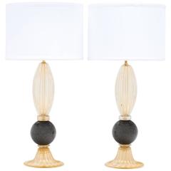 Pair of Gold and Gray Murano Glass Table Lamps 5