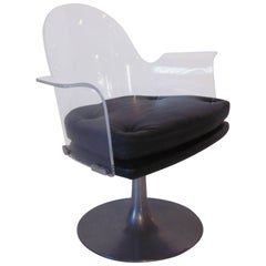 Tulip Based Lucite Upholstered Swiveling Armchair in the style of Laverne 