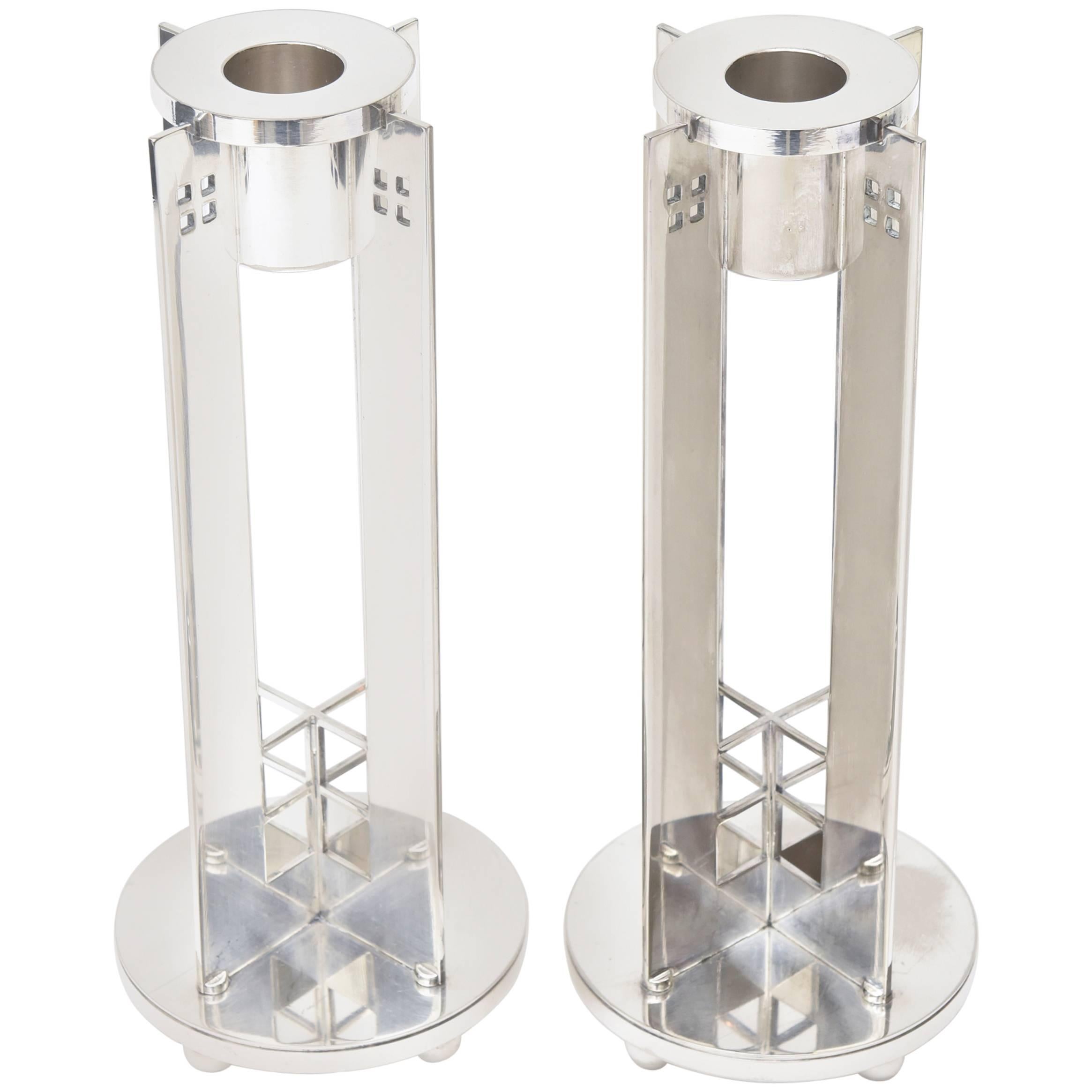 Pair of Architectural Richard Meier for Swid Powell Silver Plate Candlesticks