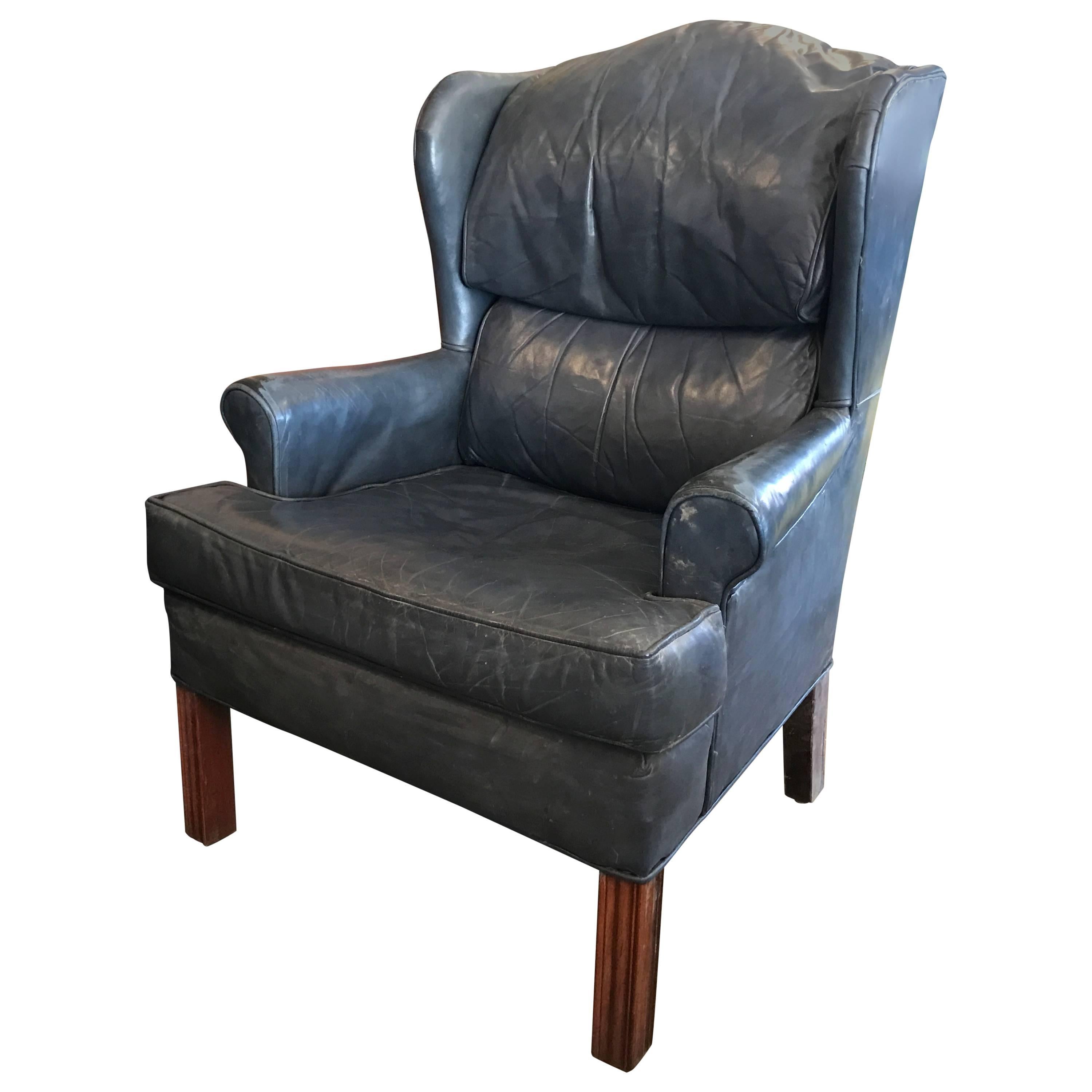 Vintage Leather Wingback Lounge Chair For Sale