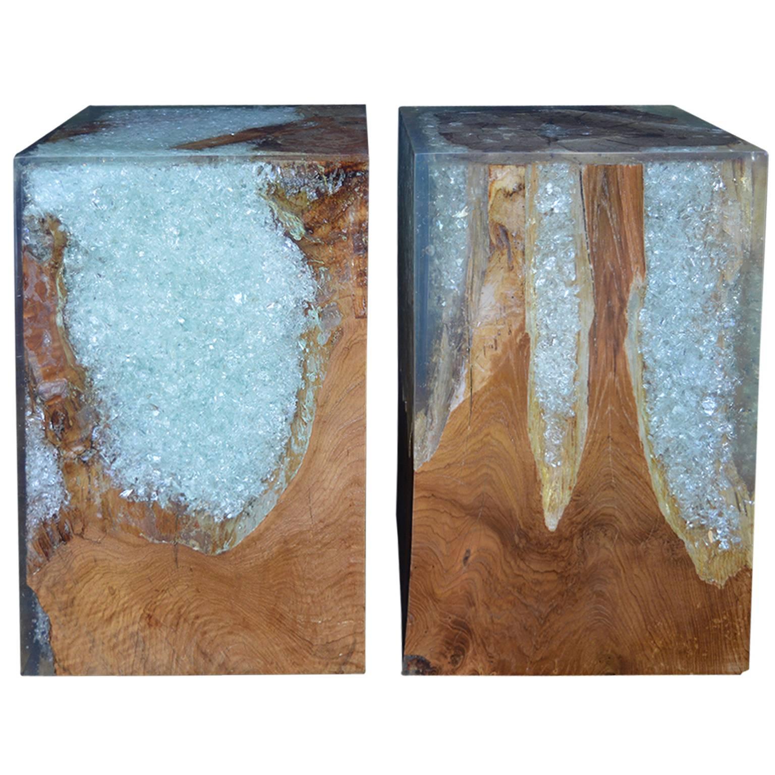 Pair of Wood Stools Encased in Resin