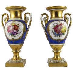 19th Century Pair of Parisian Empire Vases in Gilded and Polychrome Porcelain
