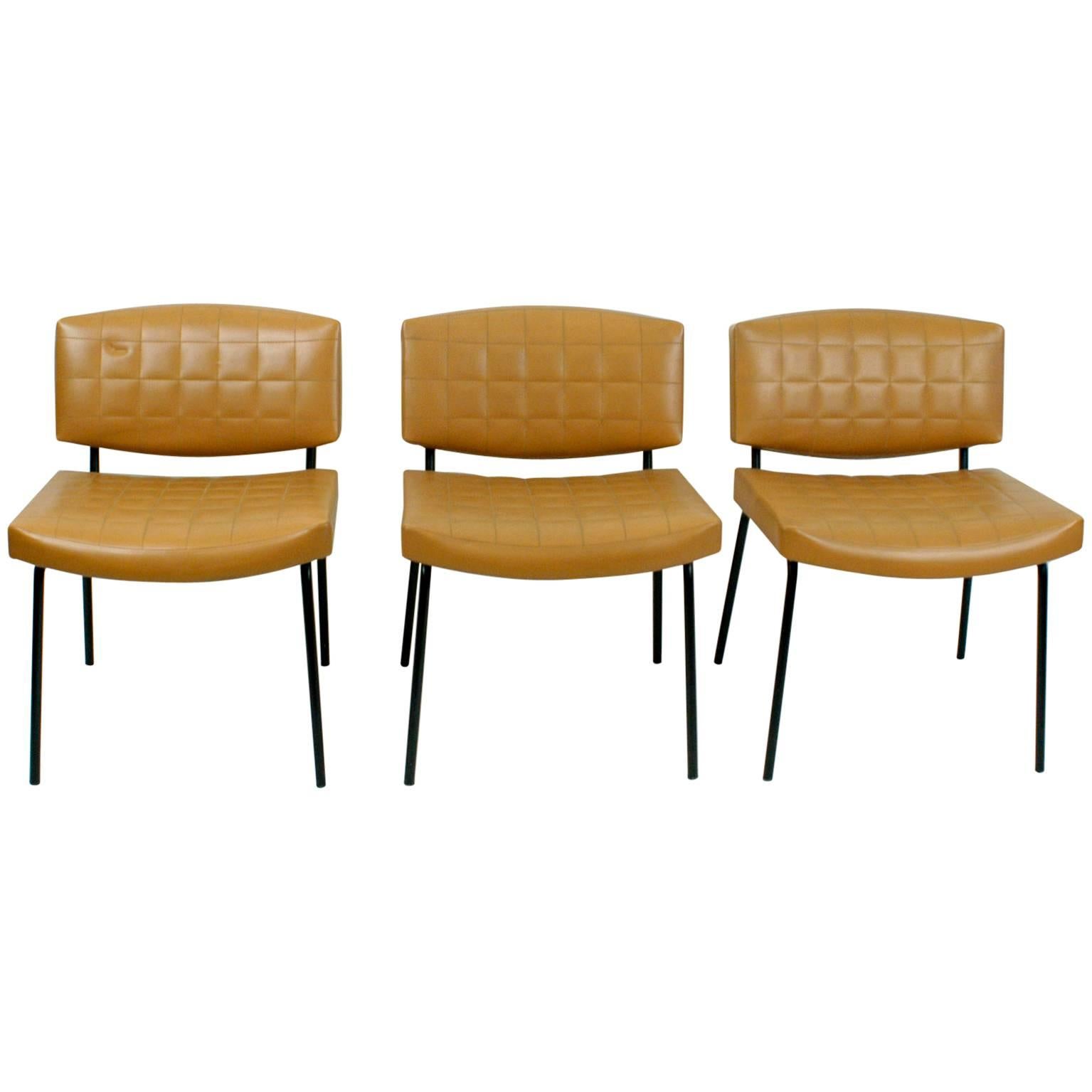 Set of Three Cognac Midcentury Chairs Designed by Pierre Guariche for Meurop
