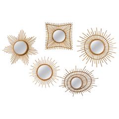 Collection of Five Rattan or Wicker Sunburst Mirrors