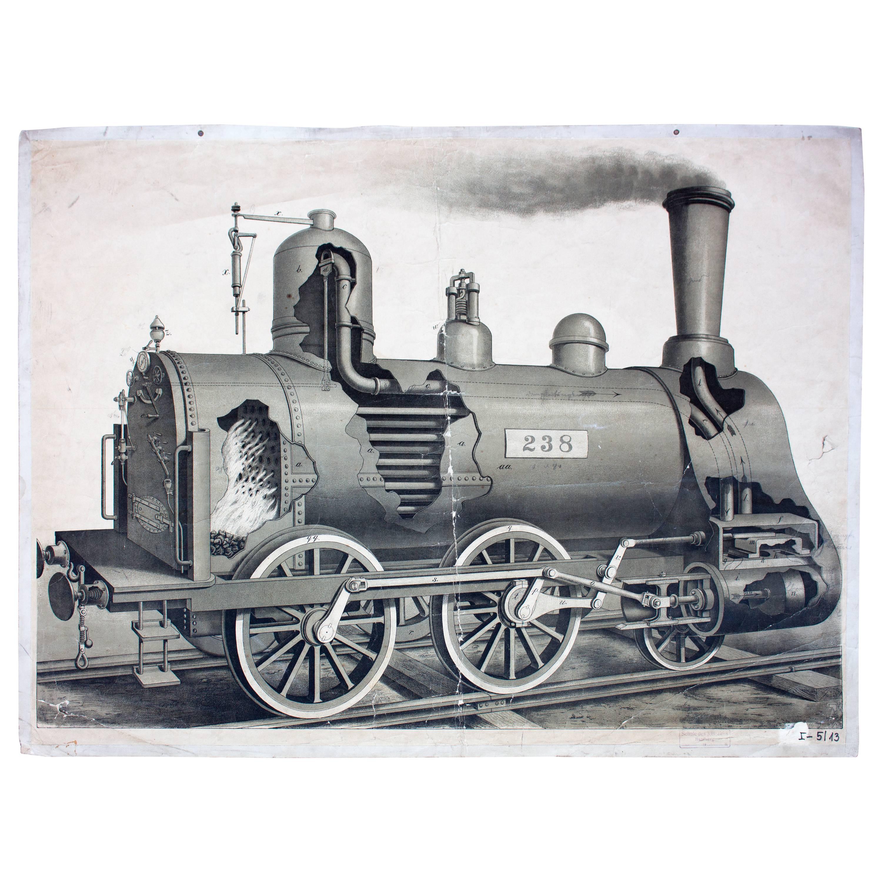 Rare Wall Chart, Locomotive, 1912 For Sale
