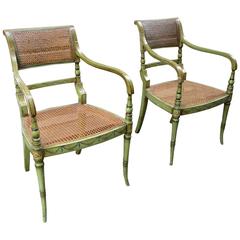 Pair of 19th Century English Regency Painted and Caned Armchairs
