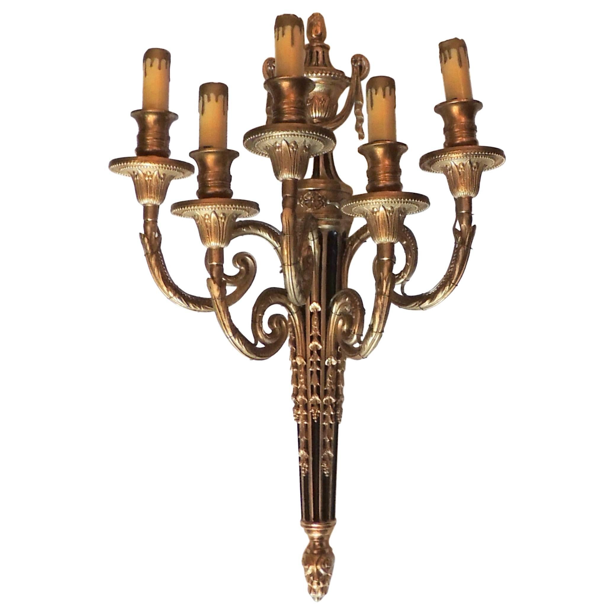 Wonderful Neoclassical Dore Bronze Patinated Five-Arm Urn Top Regency Sconce For Sale