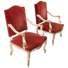 Pair of 19th French Louis XV Velvet Upholstered Armchairs